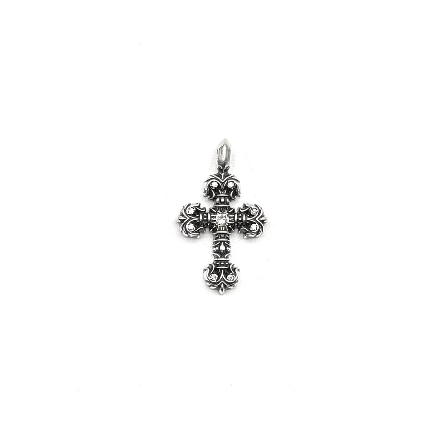 Chrome Hearts Silver Diamonds Filigree Cross Necklace Charm 9鑽火焰十字