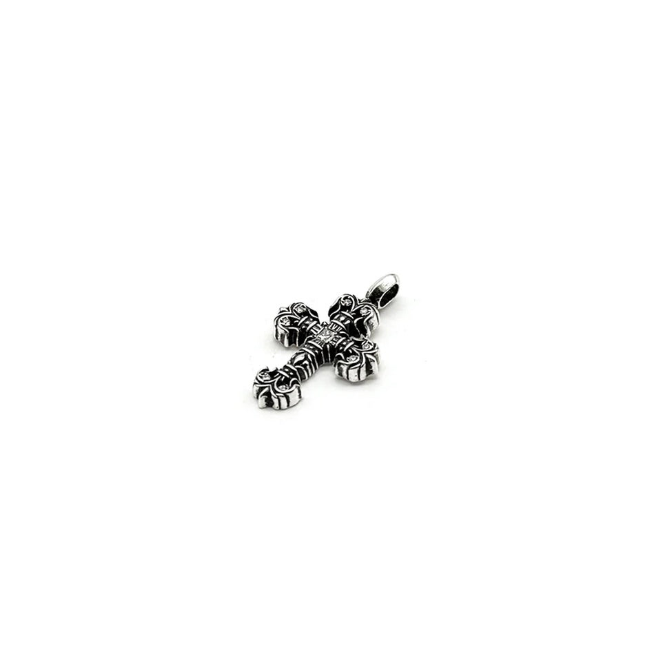 Chrome Hearts Silver Diamonds Filigree Cross Necklace Charm 9鑽火焰十字